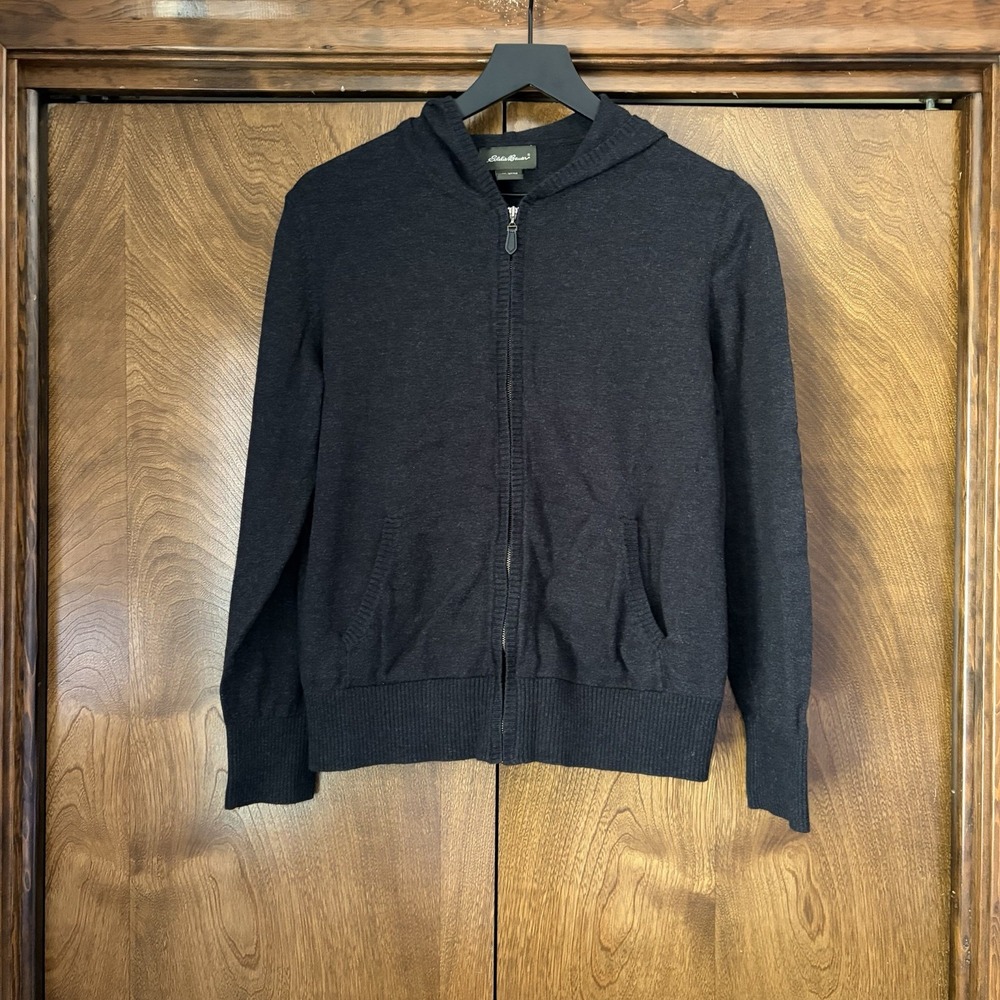Eddie Bauer Large Angora Rabbit Cotton Black Hoodie Full Zip Cardigan Pockets